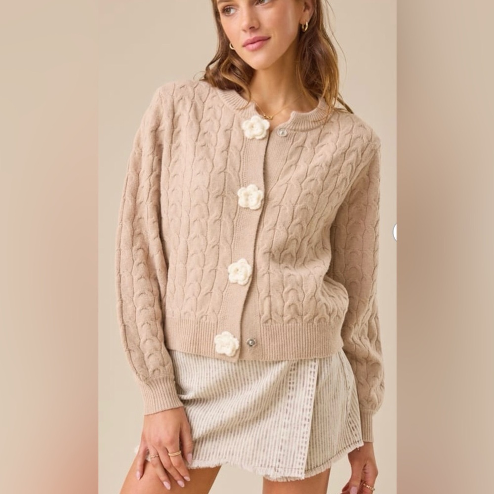 Altar'd State Rose Cable Knit Flower Cardigan Cream
